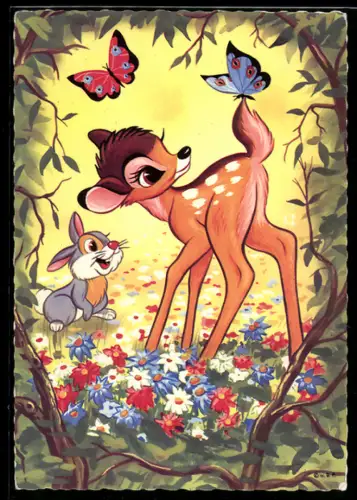AK Comic, Bambi und Klopfer mit Schmetterlingen