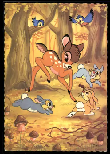 AK Bambi beim Spiel mit Gefährten im Wald, Geburtstagsgruss, Walt Disney