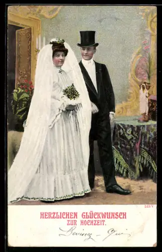 AK Hochzeitspaar in einerm festlichen Raum, Glückwunsch zur Hochzeit