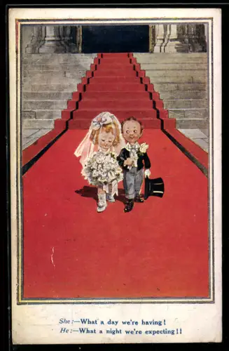 AK Kleines Hochzeitspaar nach der Trauung, Karikatur