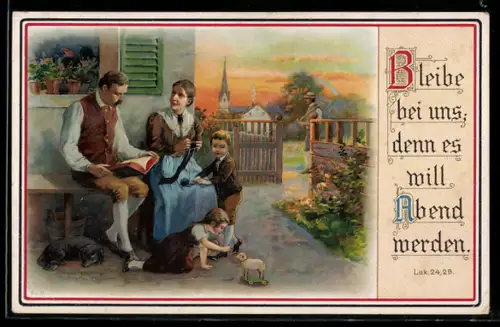 AK Bleibe bei uns..., Familie am Abend vor dem Haus, Nationalfarben-Rahmen