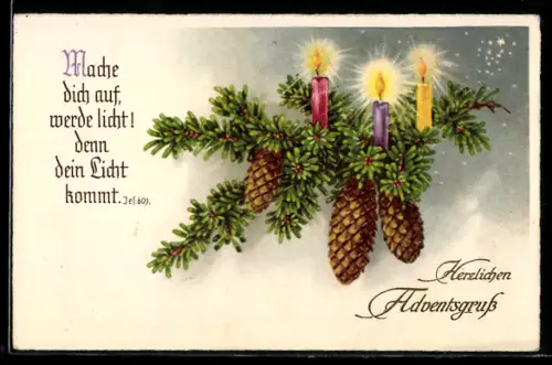 AK Mache dich auf, werde licht!, Kerzen auf Tannenzweig, Adventsgruss