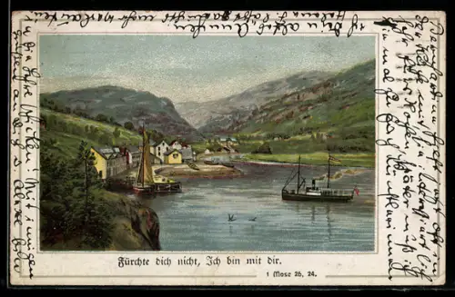 AK Fürchte dich nicht, Ich bin mit dir, Flusspartie mit Ortschaft u. Schiffen