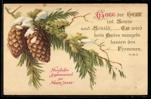 AK Gott der Herr ist Sonne..., Tannezweig mit Zapfen, Neujahrsgruss