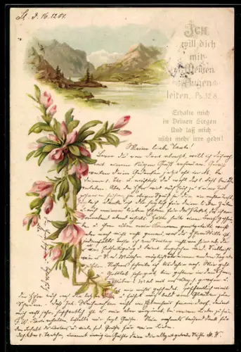 AK Ich will dich mit meinen Augen leiten, Blütenzweig, Bergsee