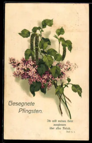 AK Ich will meinen Geist ausgiessen..., Flieder mit Birkenzweig, Pfingstgruss