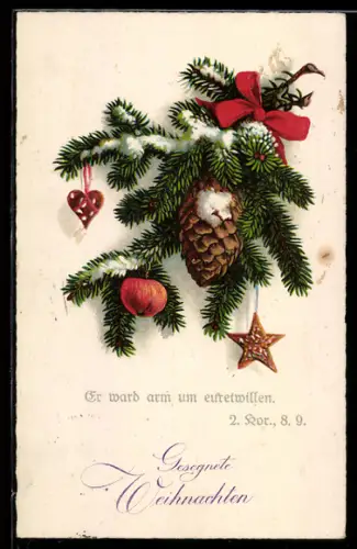 AK Er ward arm um euretwillen, Tannenzweig mit Lebkuchen u. Apfel, Weihnachtsgruss