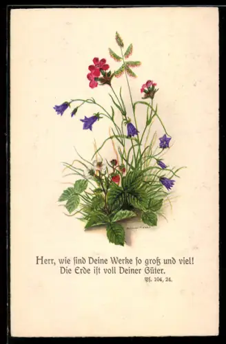 AK Herr, wie sind Deine Werke so gross..., Bibelzitat, Wiesenblumen