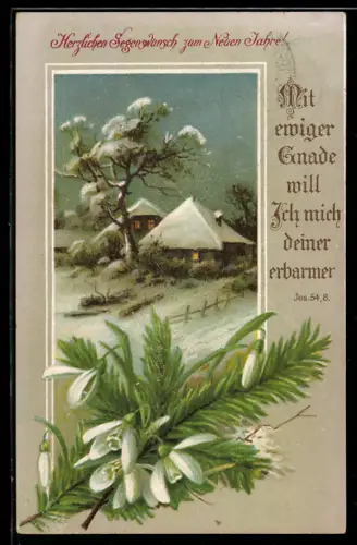 AK Mit ewiger Gnade..., Haus im Schnee, Schneeglöckchen, Neujahrsgruss