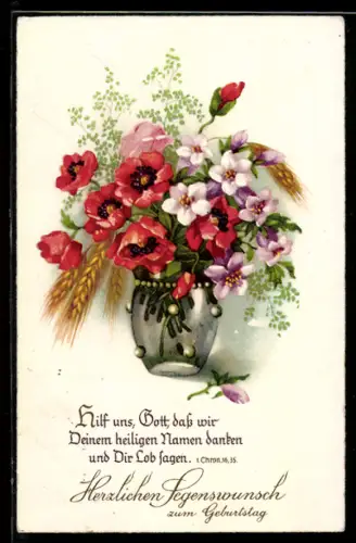AK Hilf uns, Gott..., Gemischter Mohnblumenstrauss, Geburtstagsgruss