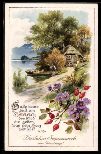 AK Habe deine Lust am Herrn..., Herbstliche Idylle mit Boot, Blumen u. Hagebutten, Geburtstagsgruss