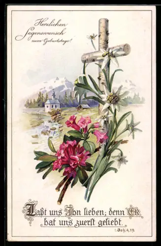 AK Lasst uns Ihn lieben..., Flusspartie mit Kirche, Birkenkreuz, Geburtstagsgruss