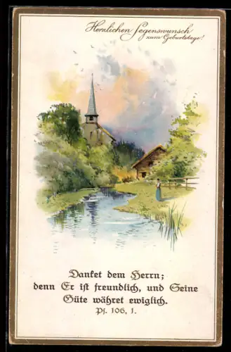 AK Danket dem Herrn..., Flusspartie mit Kirche, Geburtstagsgruss