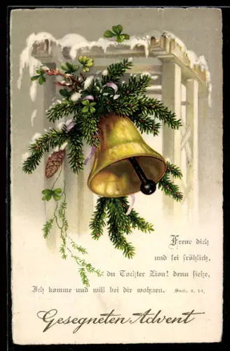 AK Freue dich und sei fröhlich..., Läutende Glocke mit Tanne, Glücksklee, Schnee, Adventsgruss