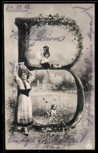 Foto-AK NPG NR: 195, Buchstabe B, Frau trägt Krug auf dem Kopf, Kinder mit Hund