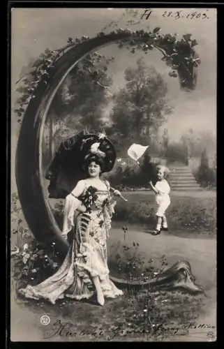 Foto-AK NPG NR: 195, eine Dame in edler Kleidung, Kind versucht Schmetterlinge zu fangen, Buchstabe C