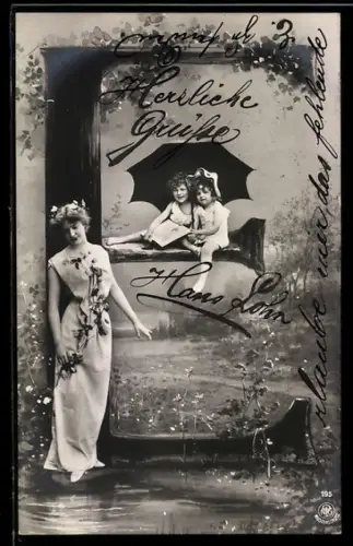 AK Kinder mit Regenschirm auf dem Buchstaben E