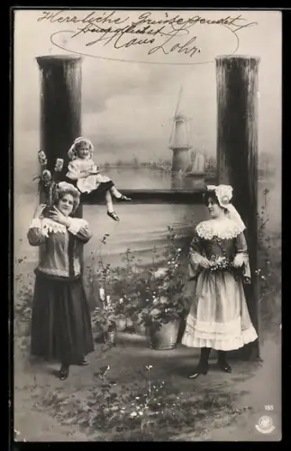 AK Buchstabe H, Frauen mit Blumen und Kind auf dem Buchstaben