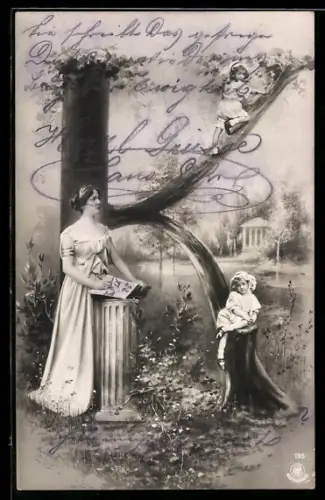 AK Buchstabe K, Frau schreibt in ein Buch