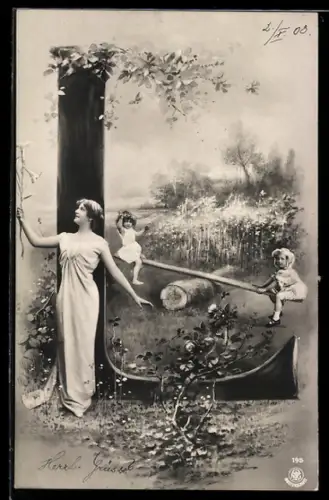 AK Baumstamm bildet den Buchstaben L, Kinder auf der Wippe