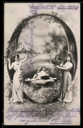 AK Buchstabe O, Frau mit Erntekorb, Äpfel am Zweig