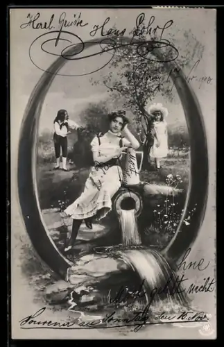 AK Buchstabe O mit einer jungen Frau an einem Brunnen