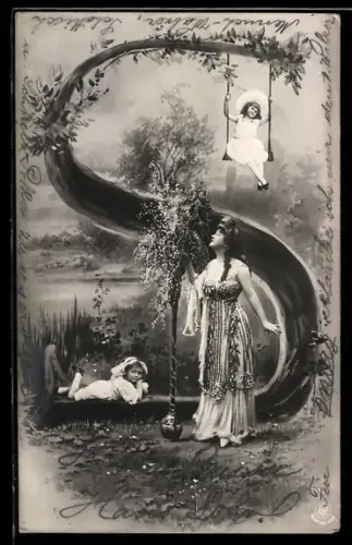 AK Buchstabe S, Kind auf Schaukel, Montage