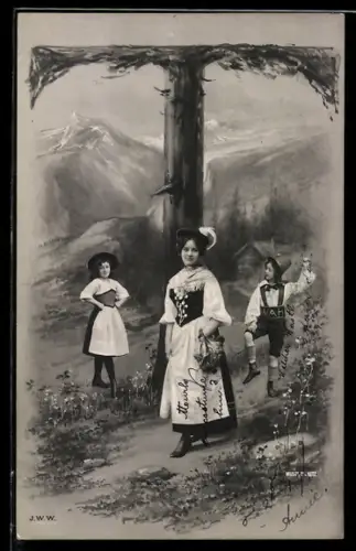 Foto-AK NPG NR: 195, Buchstabe T, Trachtenkinder in den Bergen