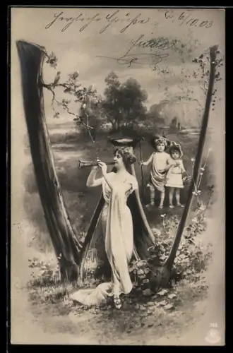 AK Frau mit Flöte und Kinder beim Buchstaben W