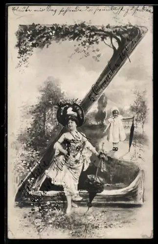 AK Frau mit modischem Hut und Schirm vor dem Buchstaben Z