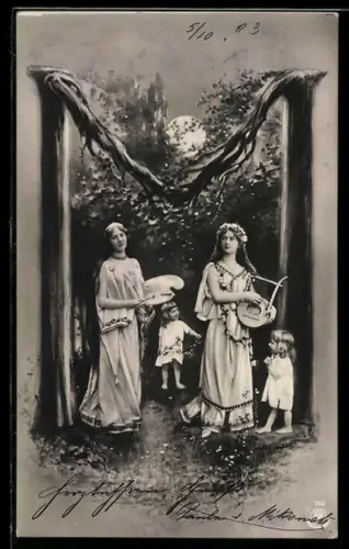 Foto-AK NPG NR: 195, Buchstabe M, Harfenspielerin und Malerin mit Farbpalette