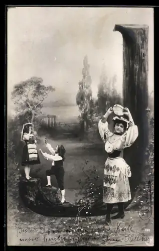 AK Buchstabe L als Baum, Tänzerin und Kinder