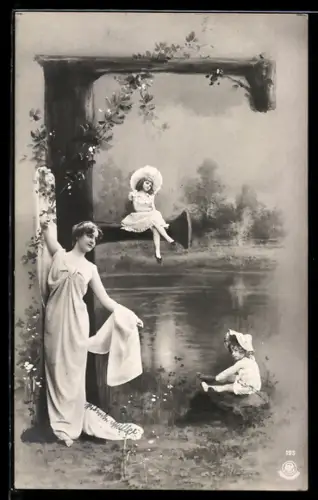 AK Frau und Kinder beim Buchstaben F