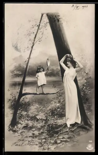 AK Frau mit Kind welches einen Spiegel hält am Buchstabe A