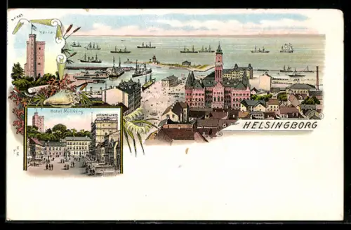 Lithographie Helsingborg, Panorama, Hotel Mollberg