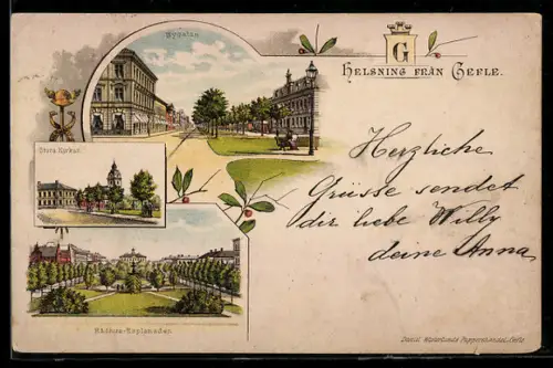 Lithographie Gefle, Nygatan, Stora Kyrkan, Radhus-Esplanaden