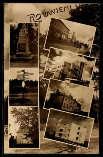 AK Rovaniemi, Strassenpartie, Denkmal, Wegweiser