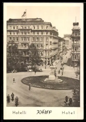 AK Helsinki /Helsingfors, Hotel Kämp mit Denkmal