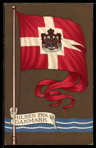 AK Hilsen frad Denmark, Fahne mit Wappen des Königshauses von Dänemark