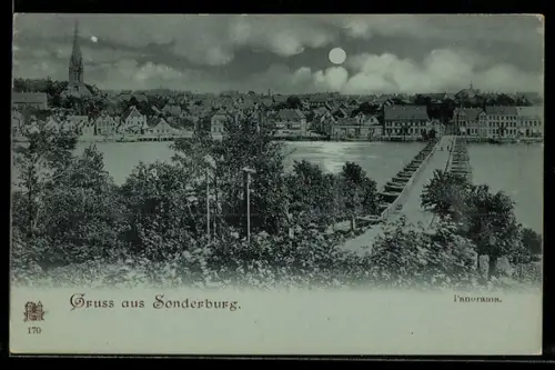 Mondschein-AK Sonderburg, Panorama mit Kirche