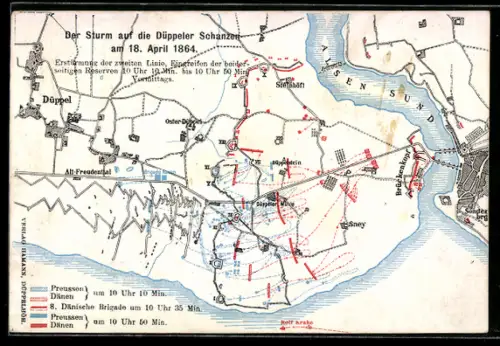 Künstler-AK Düppel, Sturm auf die Düppeler Schanzen, Landkarte mit Sney, Oster-Düppel und Alt-Freudenthal