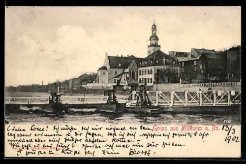 AK Mülheim a. Rh., Rheinufer, Kirche, Brücke