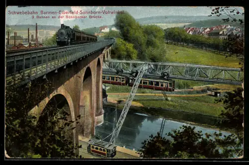 AK Wuppertal, Schwebebahn Barmen-Elberfeld-Sonnborn-Vohwinkel, 3 Bahnen an der Sonnborner Brücke
