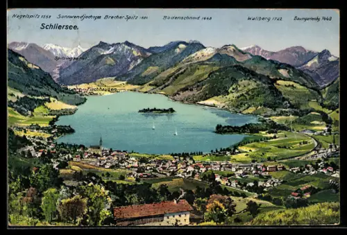 AK Schliersee, Seeansicht mit Ort, Bergpanorama, Fischhausen