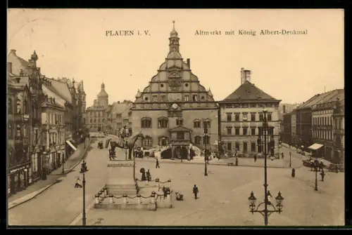 AK Plauen i. V., Altmarkt mit König Albert-Denkmal aus der Vogelschau