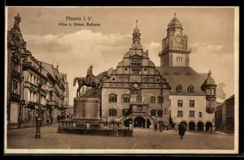 AK Plauen i. V., Altes und Neues Rathaus, Reiterdenkmal