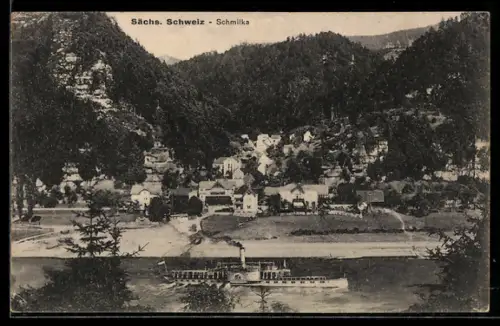 AK Schmilka /Sächs. Schweiz, Ortsansicht mit Dampfschiff