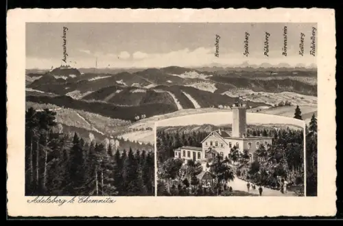 AK Adelsberg b. Chemnitz, Gasthaus Adelsbergturm H. Haase, Panoramablick auf Augustusburg, Rochlitzberg, Spitzberg