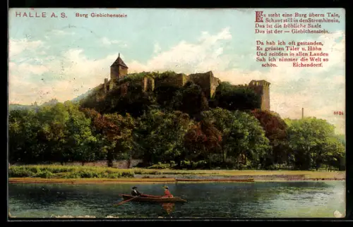 AK Halle a. S., Burg Giebichenstein, Bootspartie, Gedicht