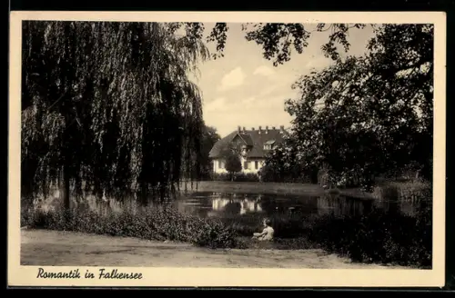 AK Falkensee, Romantik am Wasser, Wohnhaus, Bäume